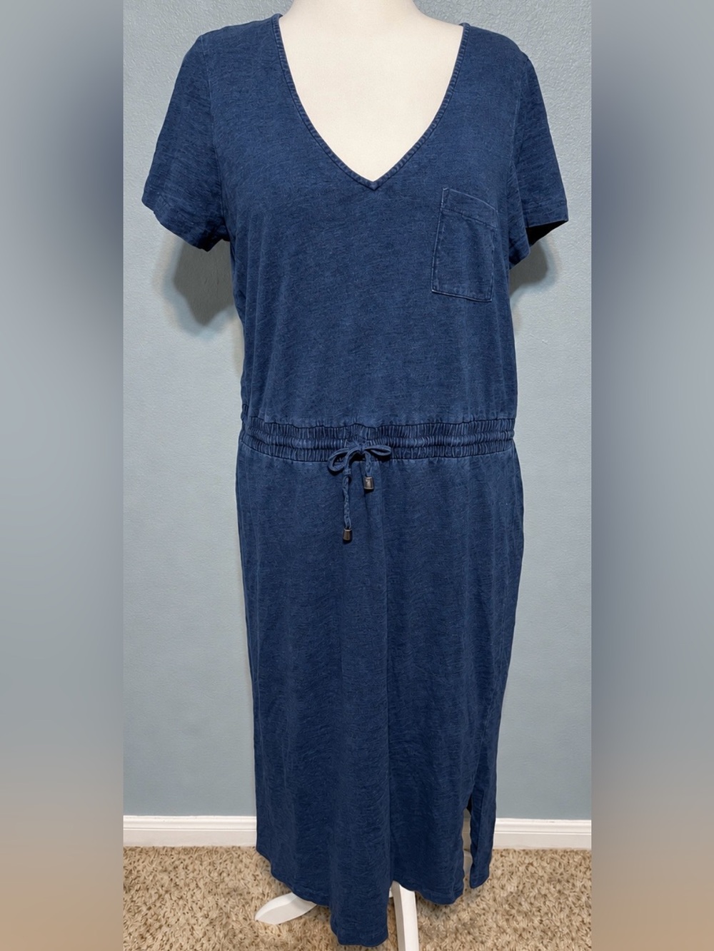 Boden Navy Blue Maxi Dress Short Sleeve Drawstring Waist Casual Coastal 14R